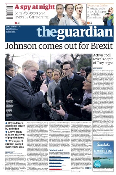 The Guardian Newspaper Front Page (UK) for 22 February 2016