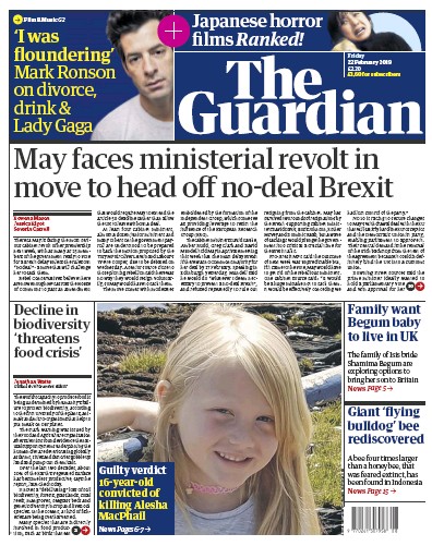 The Guardian Newspaper Front Page (UK) for 22 February 2019