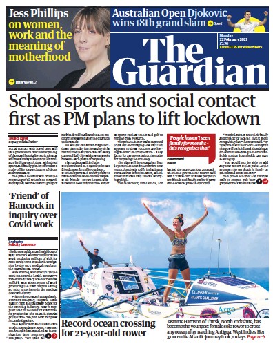 The Guardian Newspaper Front Page (UK) for 22 February 2021