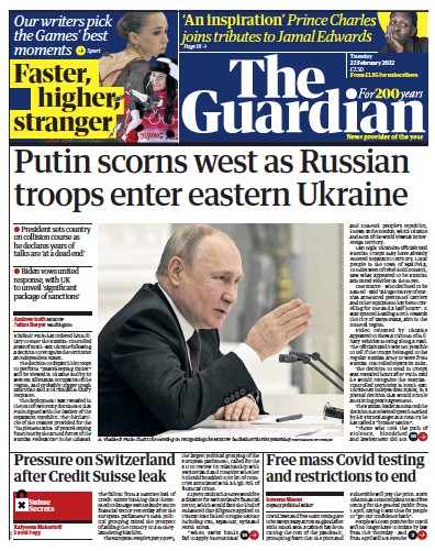 The Guardian Newspaper Front Page (UK) for 22 February 2022
