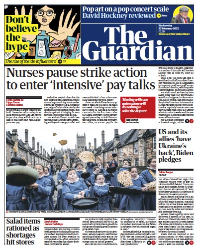 The Guardian Newspaper Front Page (UK) for 22 February 2023