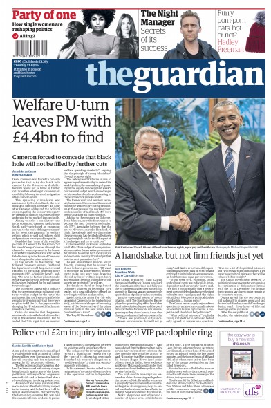 The Guardian Newspaper Front Page (UK) for 22 March 2016