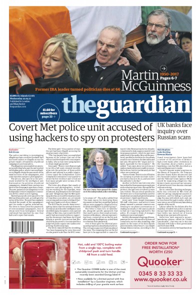 The Guardian Newspaper Front Page (UK) for 22 March 2017