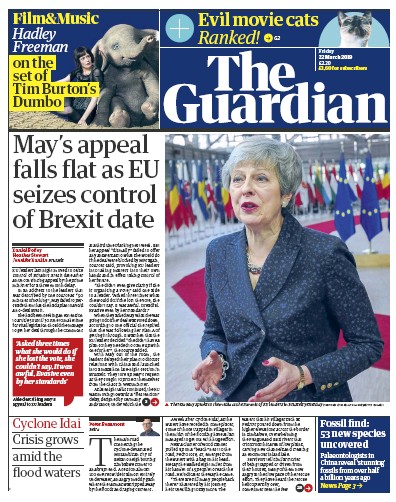 The Guardian Newspaper Front Page (UK) for 22 March 2019