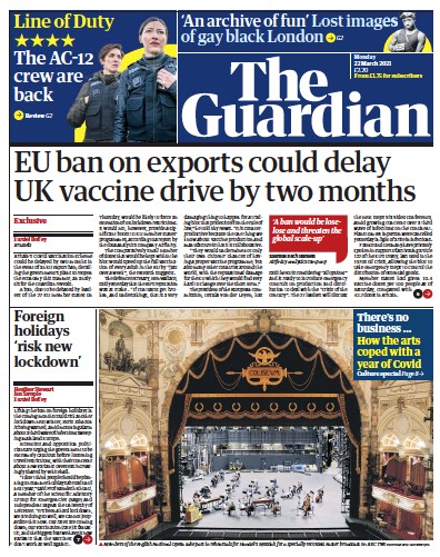 The Guardian Newspaper Front Page (UK) for 22 March 2021