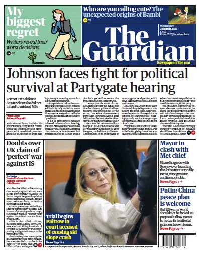 The Guardian Newspaper Front Page (UK) for 22 March 2023