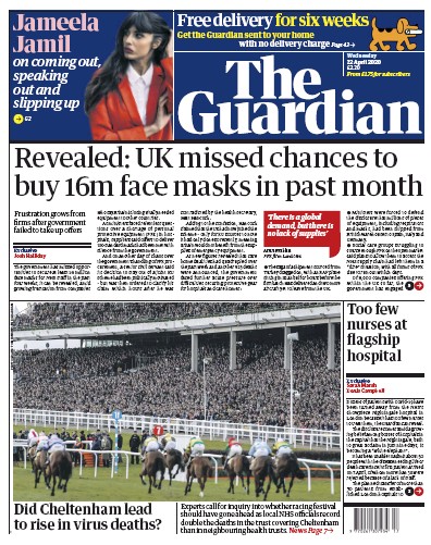 The Guardian Newspaper Front Page (UK) for 22 April 2020