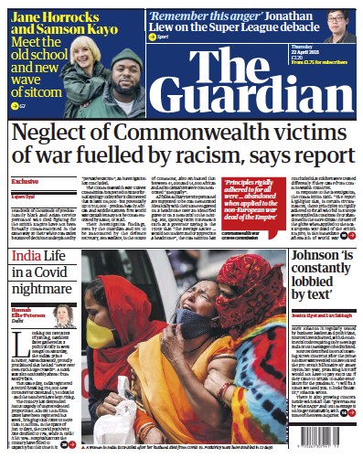 The Guardian Newspaper Front Page (UK) for 22 April 2021