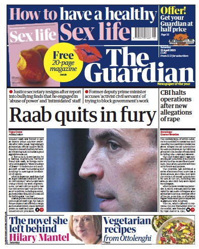 The Guardian Newspaper Front Page (UK) for 22 April 2023