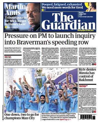 The Guardian Newspaper Front Page (UK) for 22 May 2023