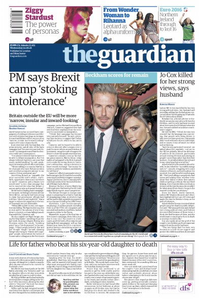 The Guardian Newspaper Front Page (UK) for 22 June 2016