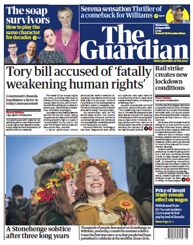 The Guardian Newspaper Front Page (UK) for 22 June 2022