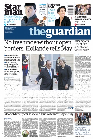The Guardian Newspaper Front Page (UK) for 22 July 2016
