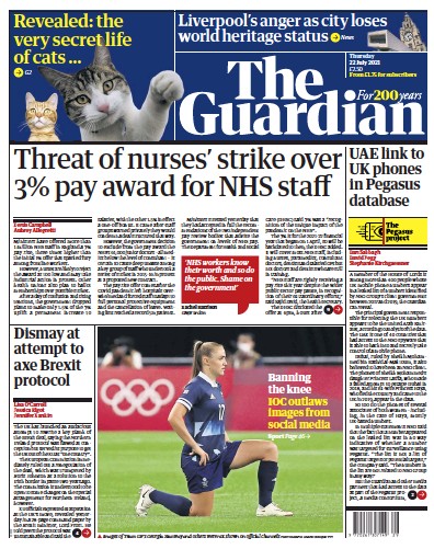 The Guardian Newspaper Front Page (UK) for 22 July 2021
