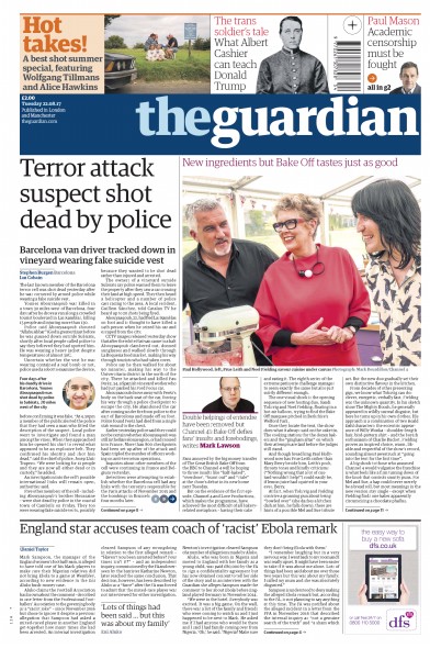 The Guardian Newspaper Front Page (UK) for 22 August 2017