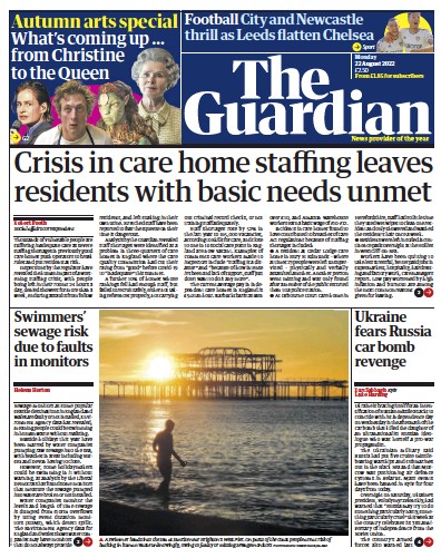 The Guardian Newspaper Front Page (UK) for 22 August 2022