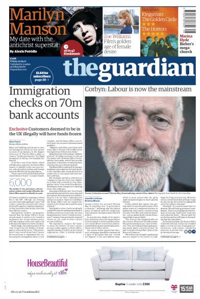 The Guardian Newspaper Front Page (UK) for 22 September 2017
