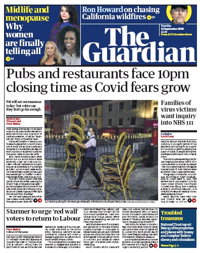 The Guardian Newspaper Front Page (UK) for 22 September 2020