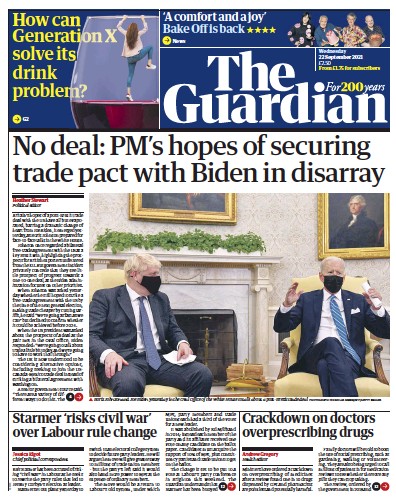The Guardian Newspaper Front Page (UK) for 22 September 2021