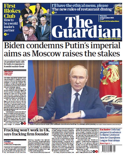The Guardian Newspaper Front Page (UK) for 22 September 2022