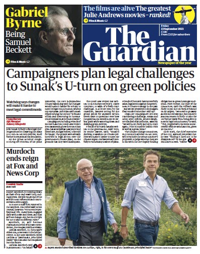 The Guardian Newspaper Front Page (UK) for 22 September 2023