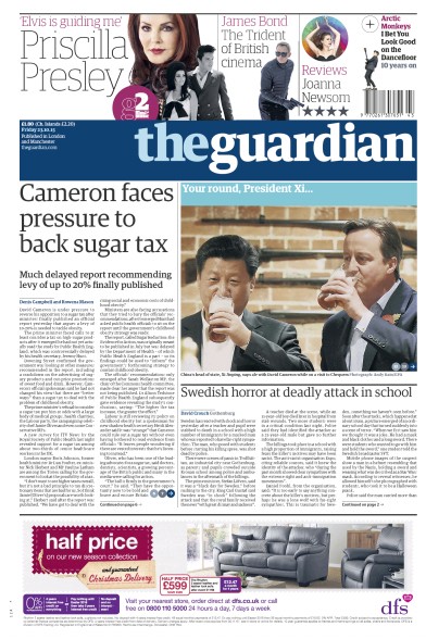 The Guardian Newspaper Front Page (UK) for 23 October 2015