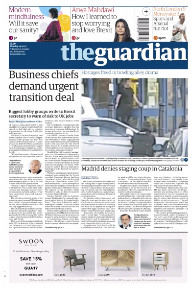 The Guardian Newspaper Front Page (UK) for 23 October 2017