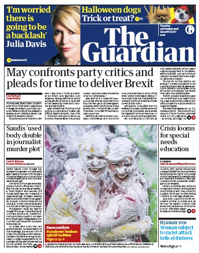 The Guardian Newspaper Front Page (UK) for 23 October 2018
