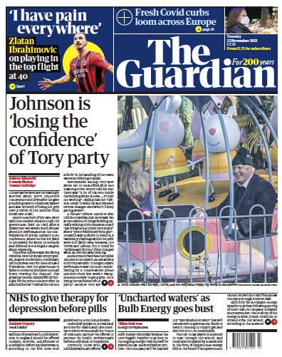 The Guardian Newspaper Front Page (UK) for 23 November 2021