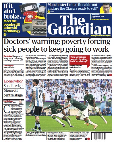 The Guardian Newspaper Front Page (UK) for 23 November 2022