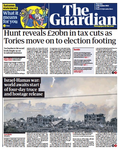 The Guardian Newspaper Front Page (UK) for 23 November 2023