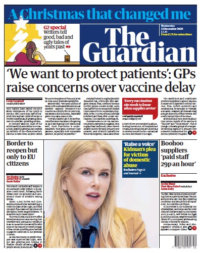 The Guardian Newspaper Front Page (UK) for 23 December 2020
