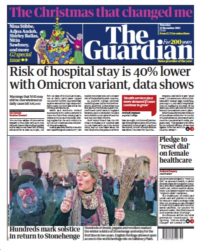 The Guardian Newspaper Front Page (UK) for 23 December 2021