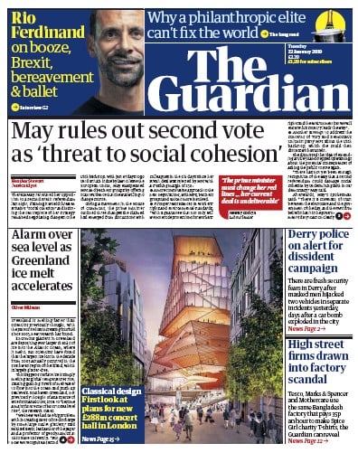 The Guardian Newspaper Front Page (UK) for 23 January 2019