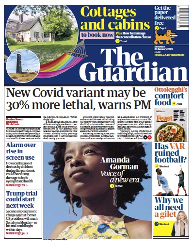 The Guardian Newspaper Front Page (UK) for 23 January 2021