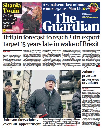 The Guardian Newspaper Front Page (UK) for 23 January 2023