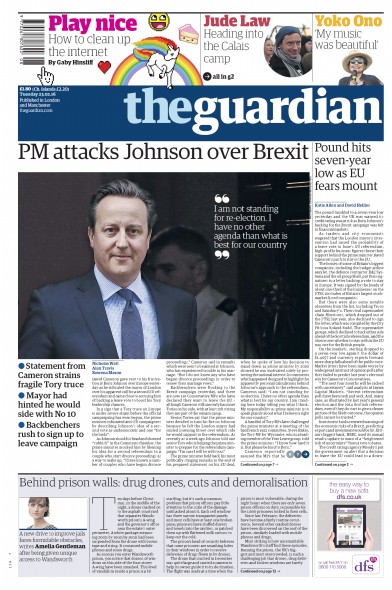 The Guardian Newspaper Front Page (UK) for 23 February 2016