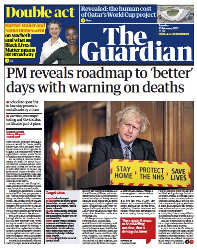 The Guardian Newspaper Front Page (UK) for 23 February 2021