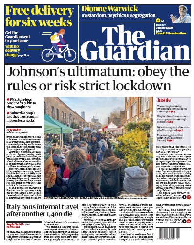 The Guardian Newspaper Front Page (UK) for 23 March 2020