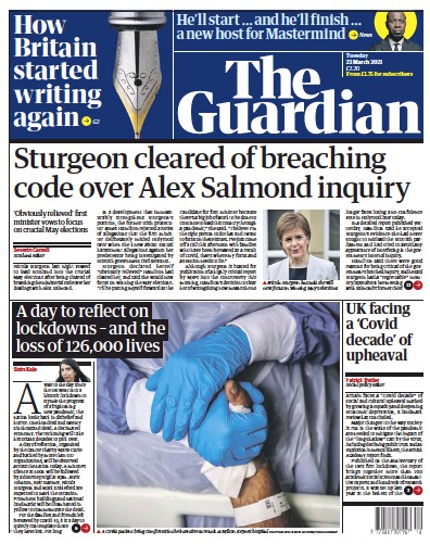 The Guardian Newspaper Front Page (UK) for 23 March 2021