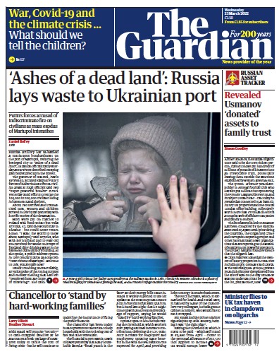 The Guardian Newspaper Front Page (UK) for 23 March 2022