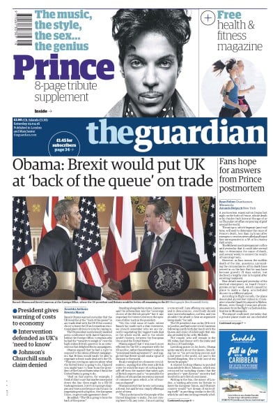 The Guardian Newspaper Front Page (UK) for 23 April 2016
