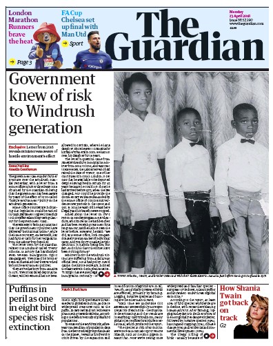 The Guardian Newspaper Front Page (UK) for 23 April 2018