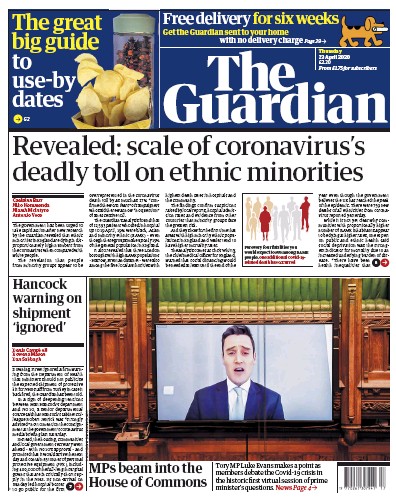 The Guardian Newspaper Front Page (UK) for 23 April 2020