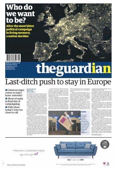 The Guardian Newspaper Front Page (UK) for 23 June 2016