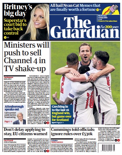 The Guardian Newspaper Front Page (UK) for 23 June 2021