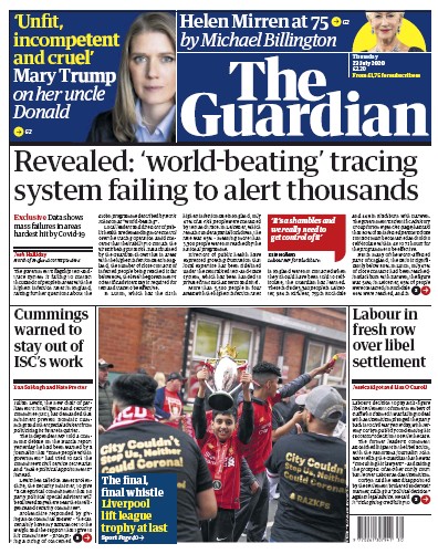 The Guardian Newspaper Front Page (UK) for 23 July 2020