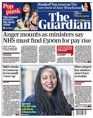 The Guardian Newspaper Front Page (UK) for 23 July 2021