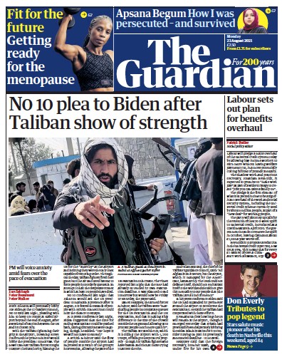 The Guardian Newspaper Front Page (UK) for 23 August 2021