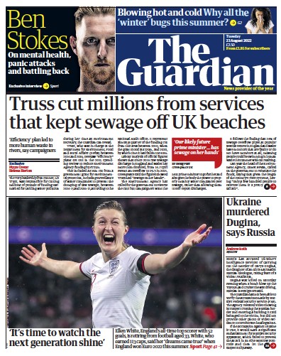 The Guardian Newspaper Front Page (UK) for 23 August 2022